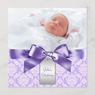 Invitation Baptême Photo de Bébé Fille en Damassé Violet
