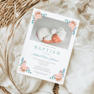 Invitation Baptême photo de garçon élégant floral