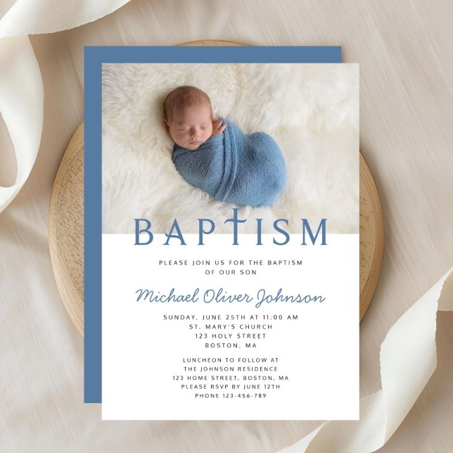 Invitation Baptême photo de garçon élégant moderne (Religious Cross Blue Photo Boy Baptism Invitation)