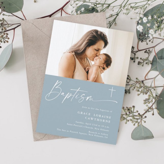 Invitation Baptême photo de garçons bleu écriture élégante mo (Modern Elegant Script Photo Baptism Invitation.)
