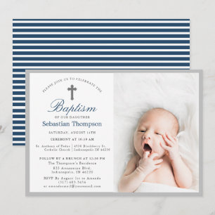Invitation Baptême photo de l'élégante Marine Bleue