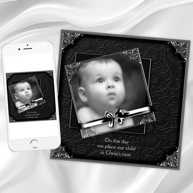 Invitation Baptême Photo Élégant (Elegant black silver photo christening and baptism invitation. Add your own text and photo.)