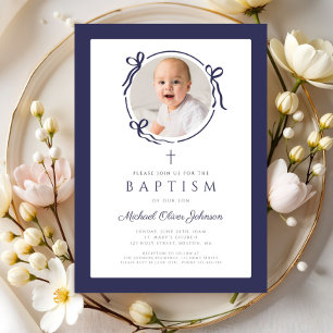 Invitation Baptême photo élégant nœud bleu marine