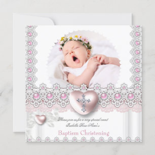Invitation Baptême Photo Fille Croix Cœur Rose Argent Perle 2