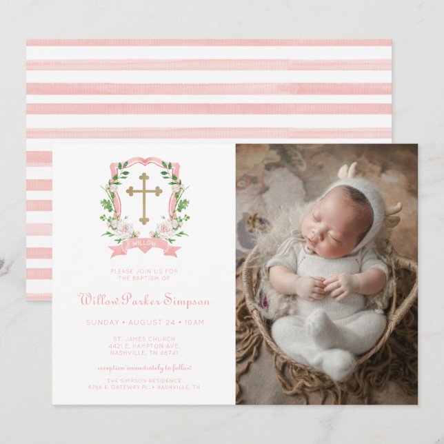 Invitation Baptême photo floral rose (Devant / Derrière)