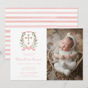 Invitation Baptême photo floral rose