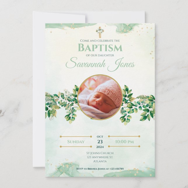 Invitation Baptême photo floral vert élégant (Devant)