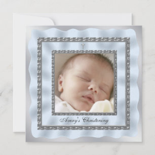 Invitation Baptême Photo Garçon Bleu Argent Christening