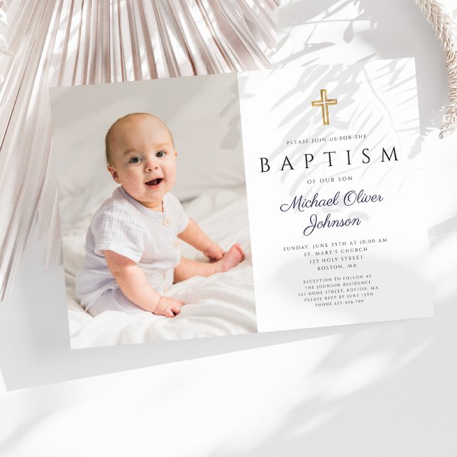 Invitation Baptême Photo Garçon Croix Script Bleu Marine (Navy Blue Script Cross Boy Photo Baptism Invitation )