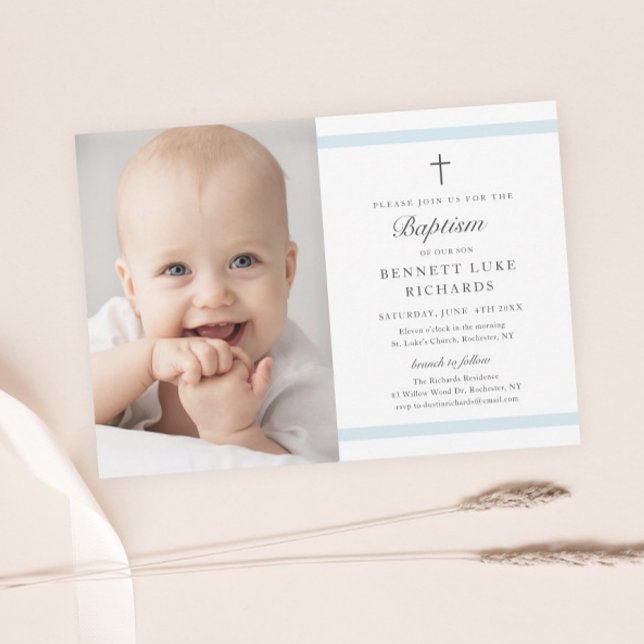 Invitation Baptême Photo Garçon Élégance Moderne (Modern boys photo baptism invitation with elegant script and minimal religious cross and typography.)