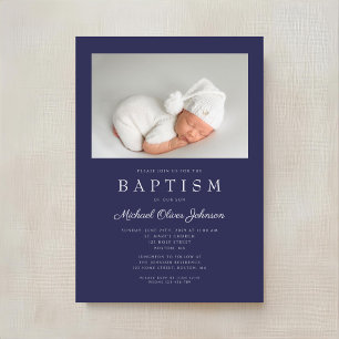 Invitation Baptême photo garçon moderne bleu marine