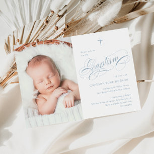 Invitation Baptême photo garçons bleu poussiéreux calligraphi