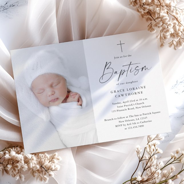 Invitation Baptême photo genre neutre écriture moderne (Modern script elegant gender neutral photo baptism invitation.)