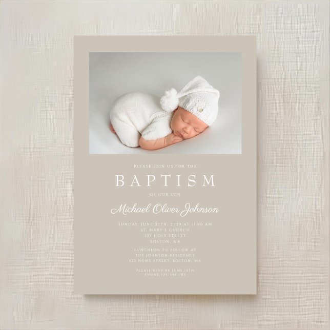 Invitation Baptême photo moderne Taupe Beige (Taupe Beige Modern Photo Baptism Invitation)