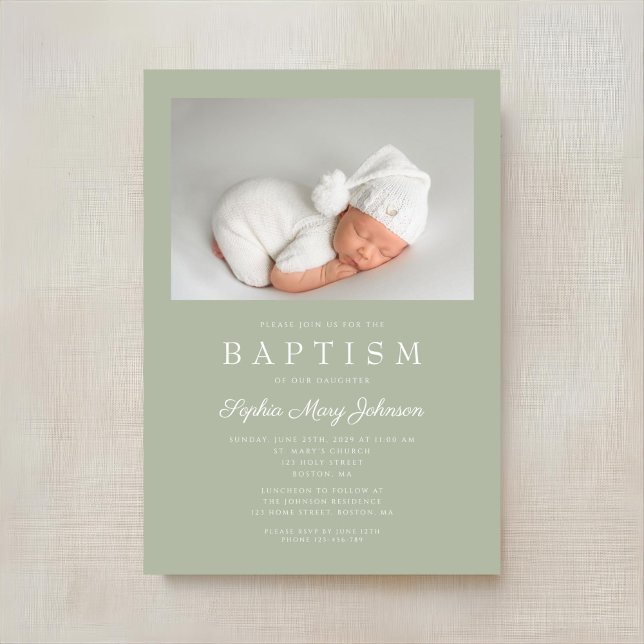 Invitation Baptême photo moderne vert sauge (Sage Green Modern Photo Baptism Invitation)