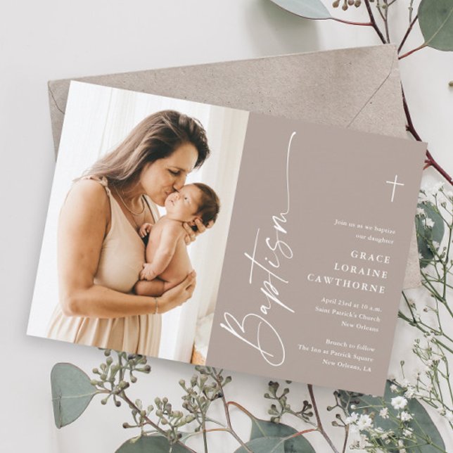 Invitation Baptême photo neutre écriture élégante moderne (Modern script photo baptism invitations.)