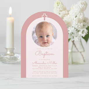 Invitation Baptême Pink Arch Girl Photo Dusty Rose Script