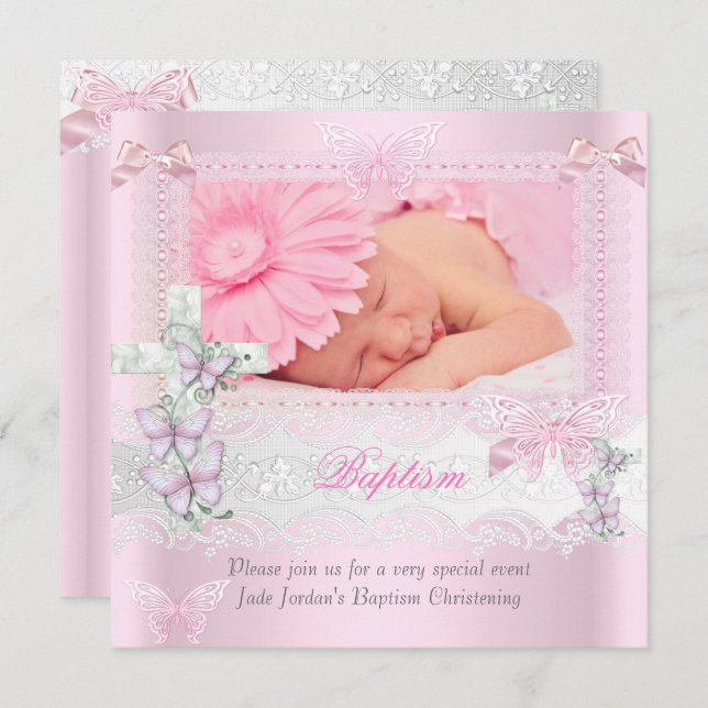 Invitation Baptême Pink Dentelle Photo Papillon Croix Fille 2 (Devant / Derrière)