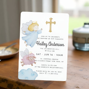 Invitation Baptême pour elle aquarelle anges et croix