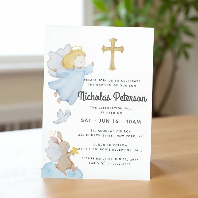 Invitation Baptême pour lui aquarelle anges et croix (Créateur téléchargé)
