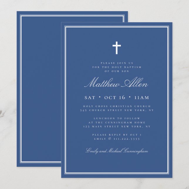 Invitation Baptême Pour Lui Classic Elegant Cross (Devant / Derrière)