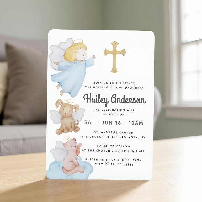 Invitation Baptême Pour Ses Anges Aquarelle et Croix (Créateur téléchargé)