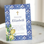 Invitation Baptême Pour Ses Carreaux De Foliage De Citron Méd<br><div class="desc">Composé de typographie serif et cursive. Le tout dans un décor de tuiles espagnoles méditerranéennes bleues et blanches avec feuilles de feuillage verdoyant,  citrons et plantes florales sauvages. Il est conçu par Select Party Supplies,  exclusif pour Zazzle. Disponible ici : http://www.zazzle.com/store/selectpartysupplies</div>