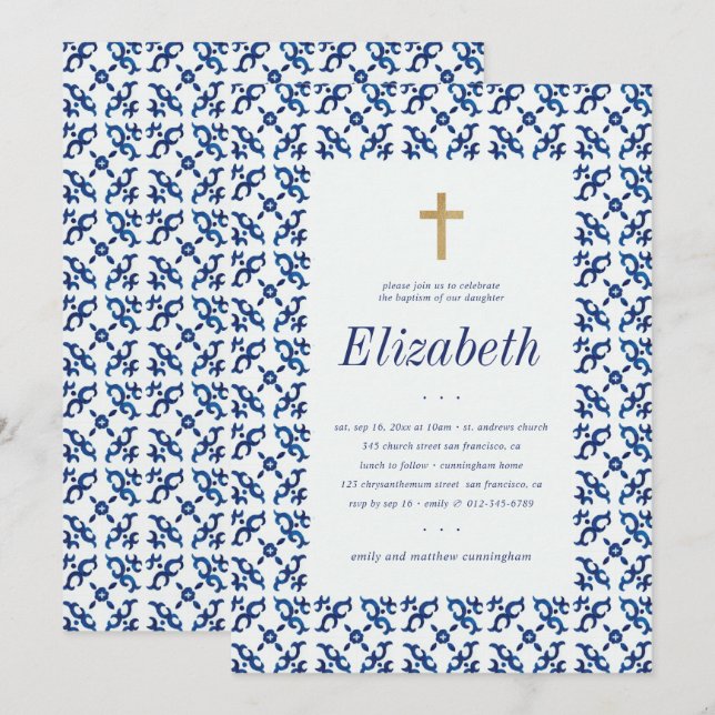 Invitation Baptême pour ses carreaux méditerranéens Bleus et  (Devant / Derrière)