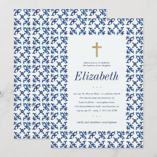 Invitation Baptême pour ses carreaux méditerranéens bleus et