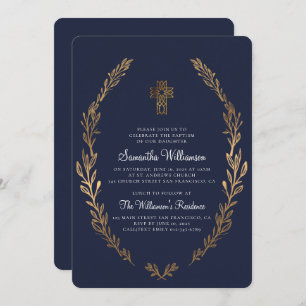 Invitation Baptême Pour Ses Faux Gold Foliage Blue