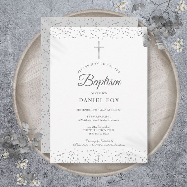 Invitation Baptême poussière d'étoiles argentées (Silver Stardust Baptism Christening Invitation)