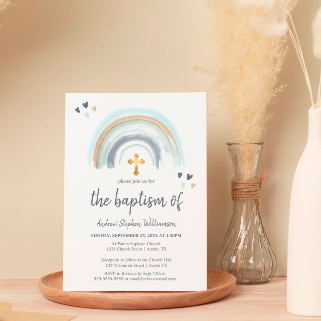 Invitation Baptême poussiéreux bleu et blanc Boho | Arc-en-ci (Créateur téléchargé)