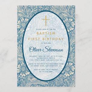 Invitation Baptême Premier anniversaire Bleu Blanc Floral Mar