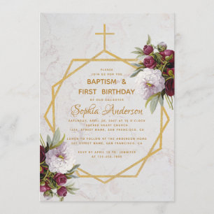 Invitation Baptême Premier Anniversaire Bourgogne Pivoine Mar