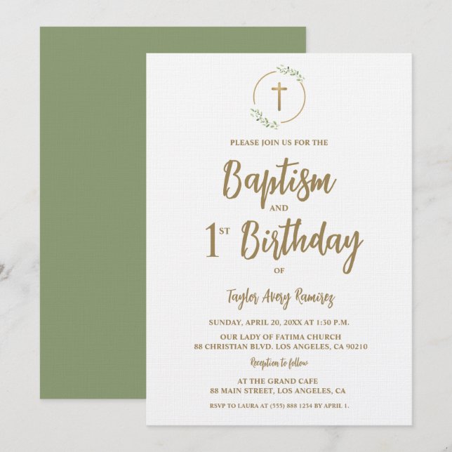 Invitation Baptême Premier Anniversaire Couronne de verdure c (Devant / Derrière)