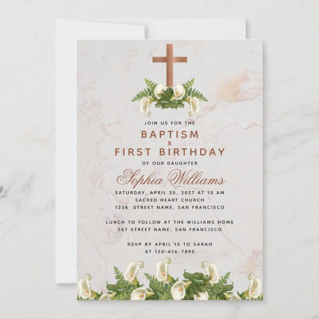 Invitation Baptême Premier anniversaire Croix de cuivre Calla (Devant)