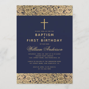 Invitation Baptême Premier anniversaire Marine Blue Gold Rose