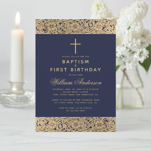 Invitation Baptême Premier anniversaire Marine Blue Gold Rose
