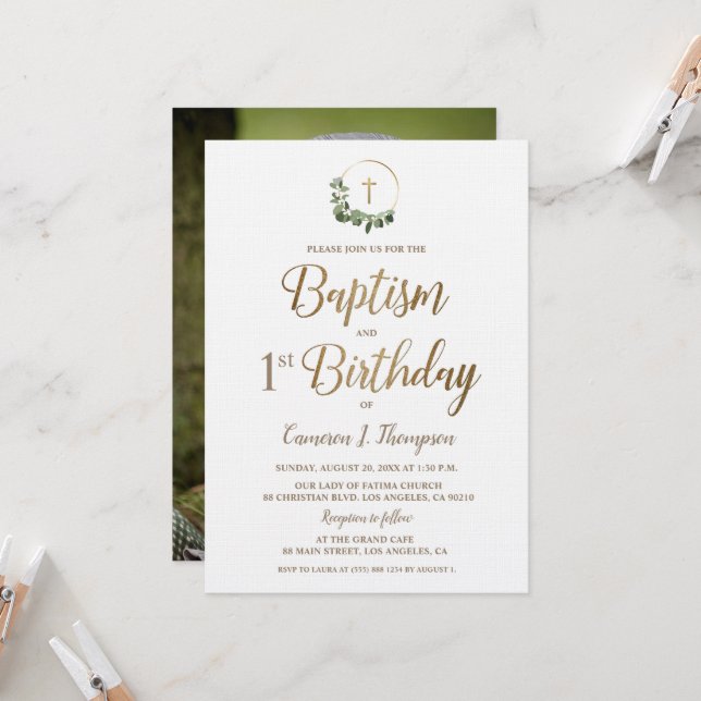 Invitation Baptême premier anniversaire Photo Wreath Gold Cro (Devant/Arrière en situation)