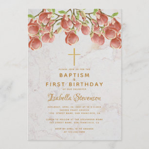 Invitation Baptême Premier Anniversaire Rose Magnolia Croix M