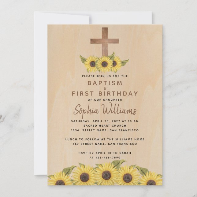 Invitation Baptême premier anniversaire Sunflower Wood Cross  (Devant)