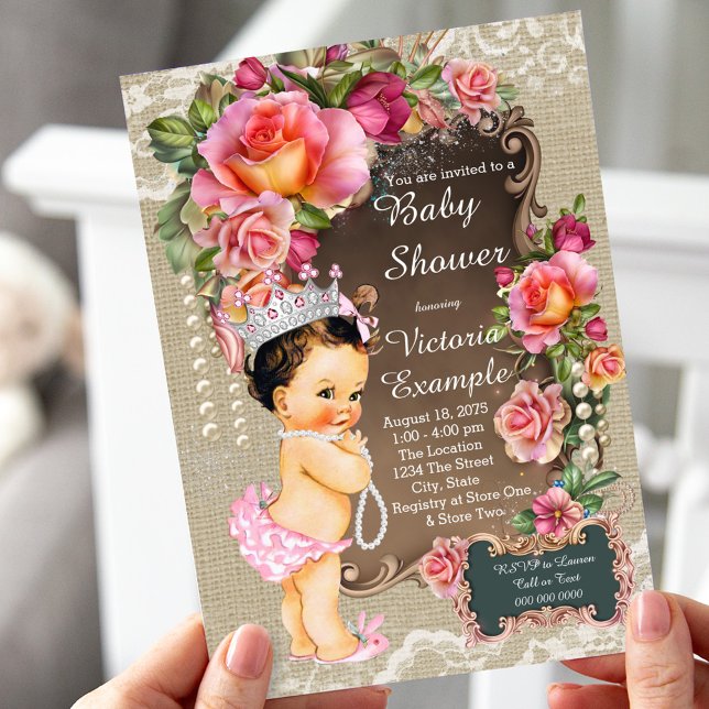 Invitation Baptême Princesse Perle Dentelle de Jute Rustique (Créateur téléchargé)