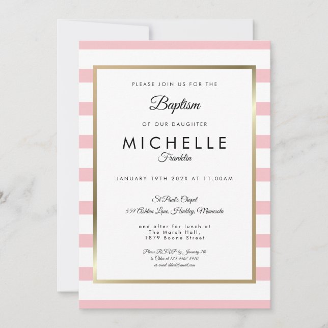 Invitation Baptême rayé rose moderne (Devant)