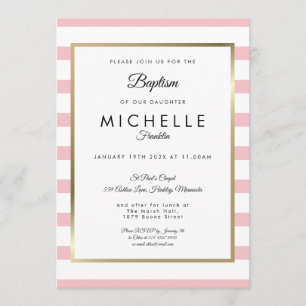 Invitation Baptême rayé rose moderne