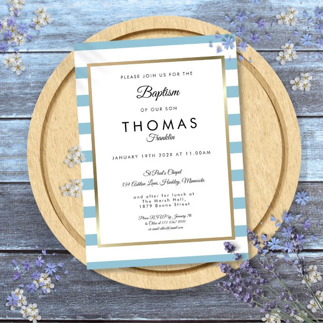 Invitation Baptême rayure bleu bébé (Baby Blue Stripe Baptism Christening Invitation)
