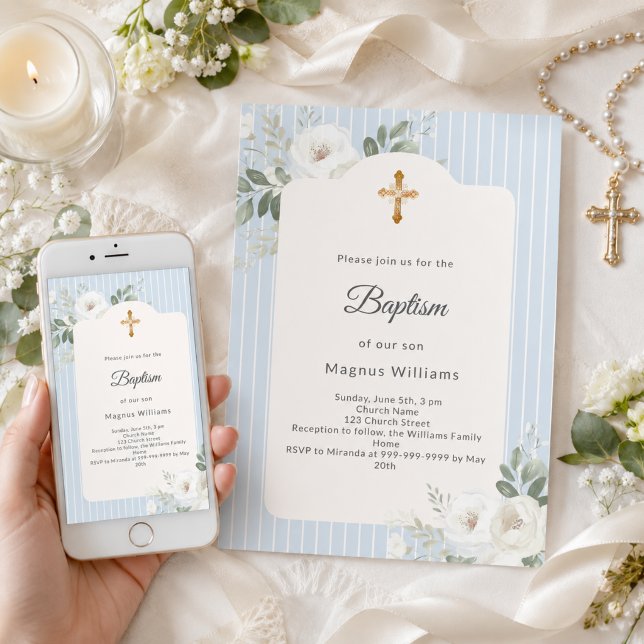 Invitation Baptême rayures bleu poussiéreux fleurs blanches g (Créateur téléchargé)