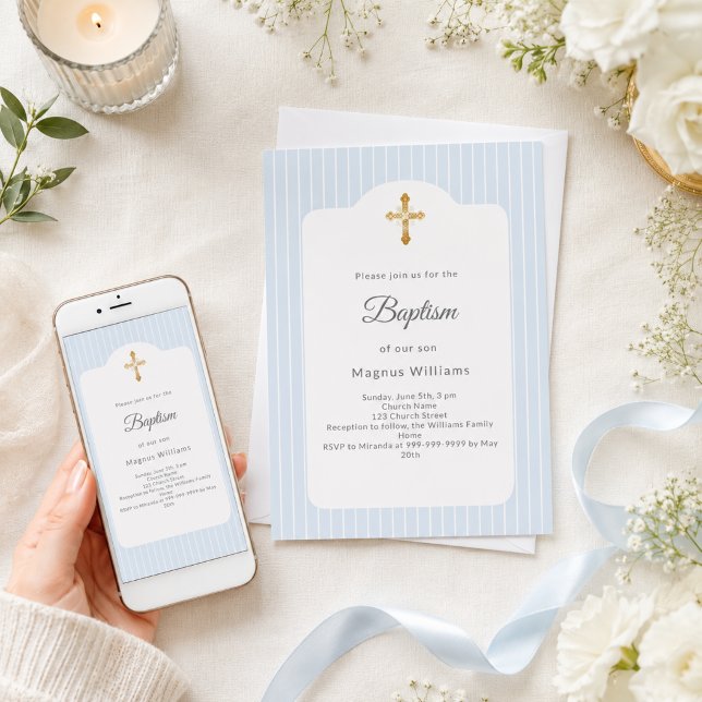 Invitation Baptême rayures bleu poussiéreux garçon (Créateur téléchargé)