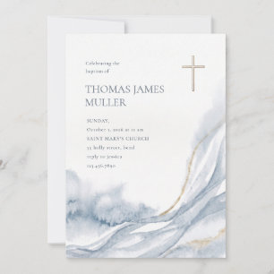 Invitation Baptême Religieux Aquarelle Bleu Élégant Or