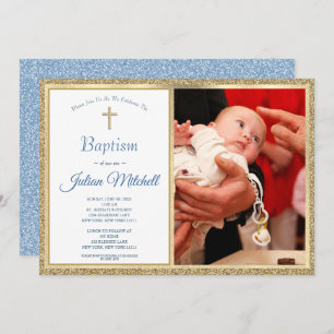 Invitation Baptême religieux Christening Gold Blue Baby Boy
