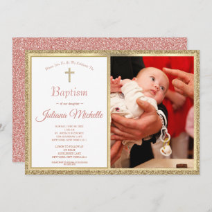 Invitation Baptême Religieux Christening Gold Rose Baby Girl